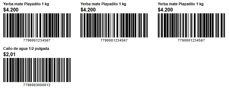 Etiquetas impresas con nombre, precio y código de barras