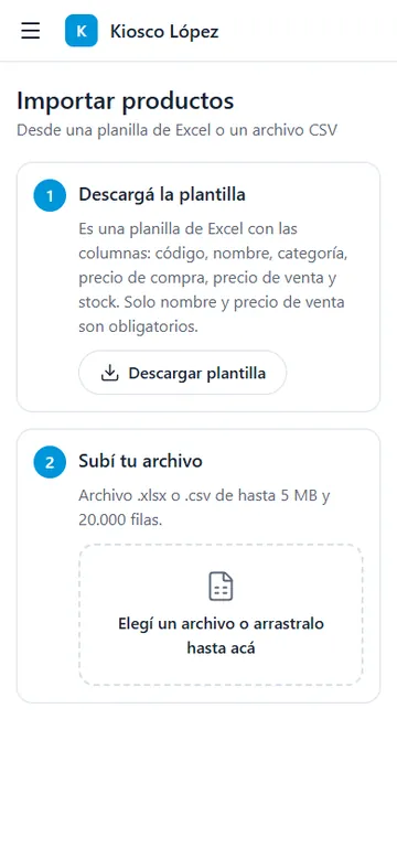 Importar productos desde una planilla de Excel o CSV, en el celular